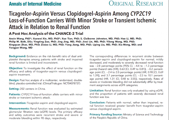 《Annals of Internal Medicine》CC人妻中出肾功能对急性缺血性脑血管病患者不同双抗治疗策略的疗效与安全性影响